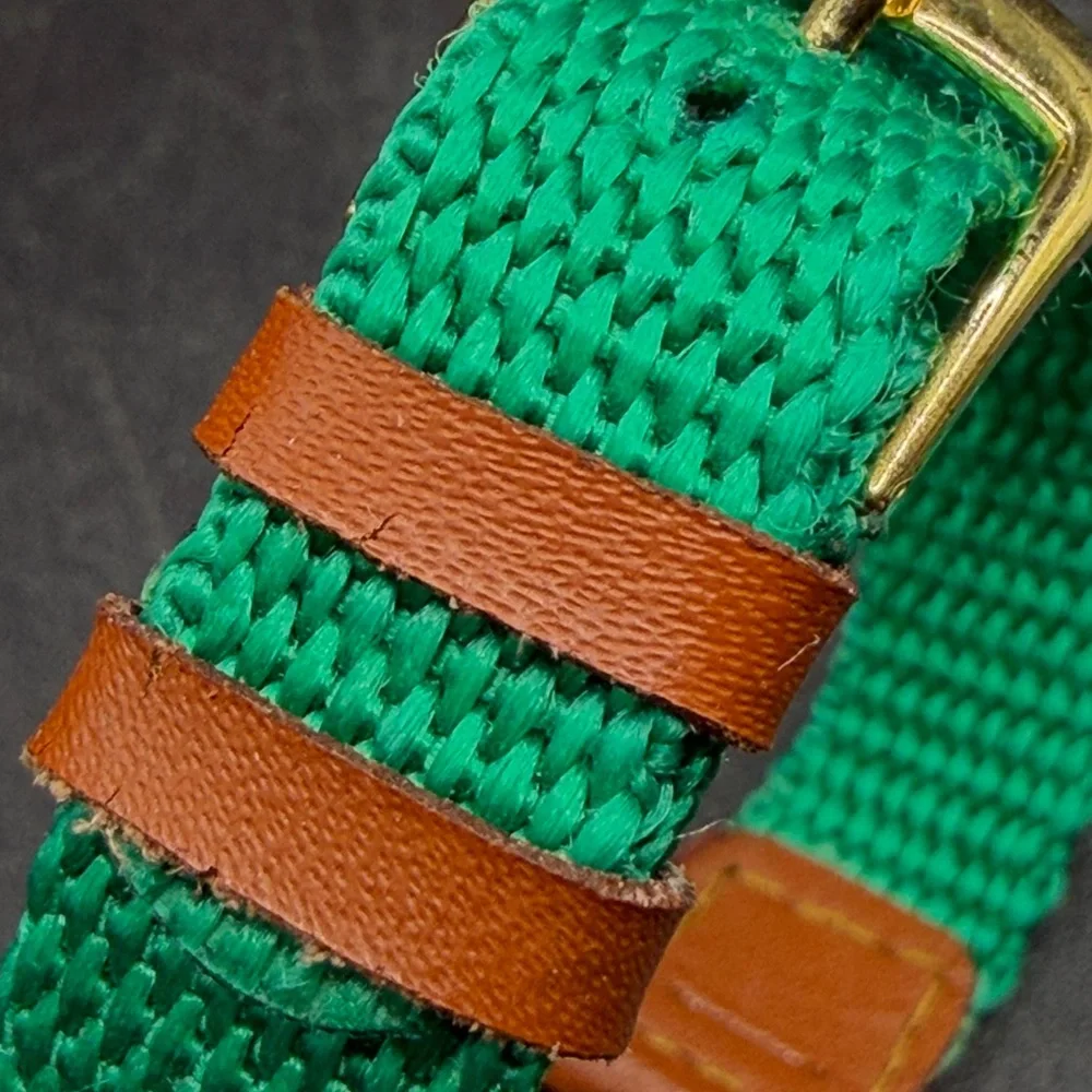 Vintage On Time Goldtone Pinnochio & Dog Watch Green Fabric Band Untested